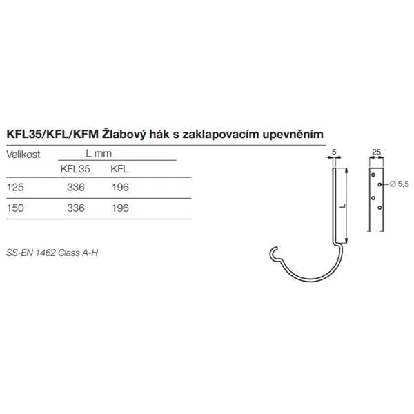 Žlabový hák se zaklapovacím upevněním Lindab KFL 125 mm / RAL 9005 černá