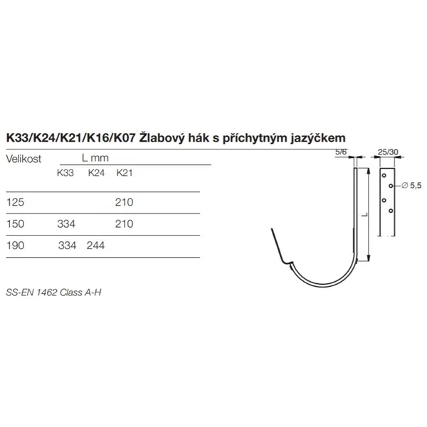 Žlabový hák s příchytným jazýčkem Lindab K 21 125 mm / RAL 7016 břidlicově šedá